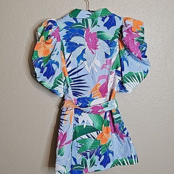 NWT Small Blazer Top Puff Sleeve tropical print with belt - Picture 6 of 9